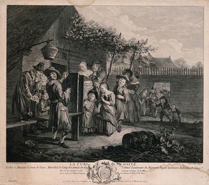 view An itinerant young man is presenting a "boîte à curiosité" or magic lantern show to children and adults who are gathering around to look. Engraving by Noel Le Mire, 1752, after R. Brakenburg.