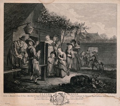 An itinerant young man is presenting a "boîte à curiosité" or magic lantern show to children and adults who are gathering around to look. Engraving by Noel Le Mire, 1752, after R. Brakenburg.