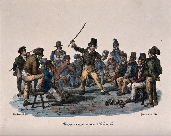 A singer of tales called Rinaldo, performing to an audience of men seated around him: he reads the story from a book and makes gestures with a stick. Coloured lithograph by Gatti & Dura after Gaet. Dura.