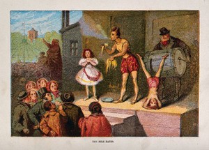 view A man on a stage at a fair eating fire, watched by a crowd. Colour process print.