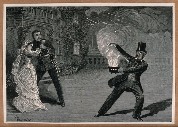 A man in a soldier's uniform and a woman in a bridal gown are recoiling from a man in a top hat and evening dress who is making fire come from a small container in his hands. Wood engraving by H. Furniss.