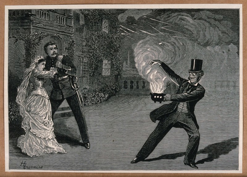 A man in a soldier's uniform and a woman in a bridal gown are recoiling from a man in a top hat and evening dress who is making fire come from a small container in his hands. Wood engraving by H. Furniss., by Harry Furniss