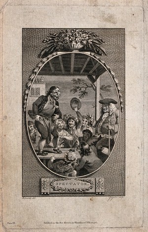 view A strange looking man on a stage is being cheered on by his audience. Engraving by C. Grignion after R. Smirke.