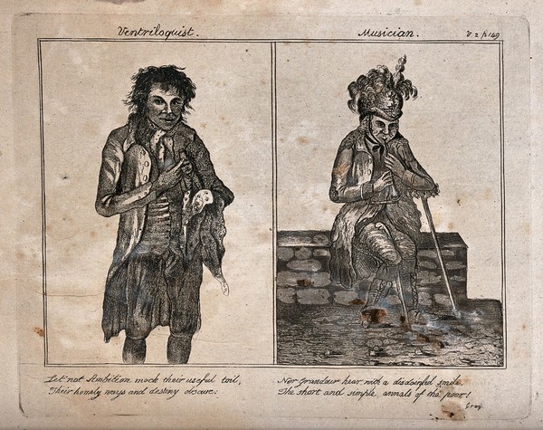 Street entertainers in Nottingham: James Burne, called Shelford Tommy, a ventriloquist (left) and Charley, a man playing a shawm (right). Etching with aquatint, 1797.