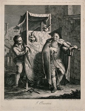 view A young man plays a violin in front of a Punch and Judy stand with the puppeteer nearby. Engraving by Giovanni Volpato after Francesco Maggiotto.