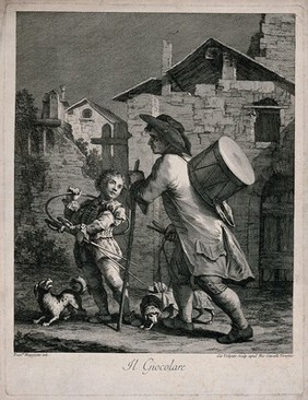 A man is walking with a stick and has a drum strapped to his back, two dogs in fancy dress are with him and a boy who is carrying a hoop and two swords. Engraving by Giovanni Volpato after Francesco Maggiotto.