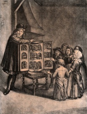 A man has an open box with figures in it resting on a chair, young children are crowding round to see the show. Mezzotint after E. van Heemskerck..