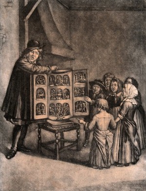 view A man has an open box with figures in it resting on a chair, young children are crowding round to see the show. Mezzotint after E. van Heemskerck..