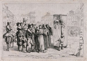 view A crowd of people have gathered in the street to watch a Punch and Judy show, a mother has lifted her child up to see and another child pulls back the cloths to peep into the stand. Etching by B. Pinelli.