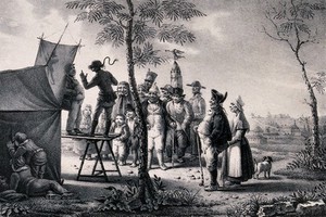 view A crowd of people have gathered to watch two men performing on a table in front of a tent; children are peeping through the canvas from the side. Lithograph by Engelmann after S. Baptiste, 1827.