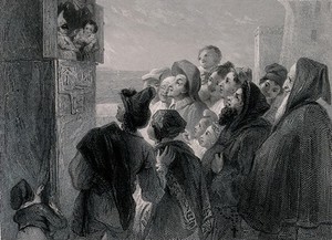 view A crowd of people have gathered around a stand in the street to watch a Punch and Judy show. Engraving by J. Goodyear after T. Uwins.