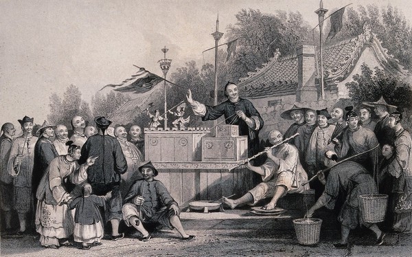 Linqing, China: a crowd gathered around a stand to watch a puppet show with music. Engraving by G. Paterson after T. Allom.