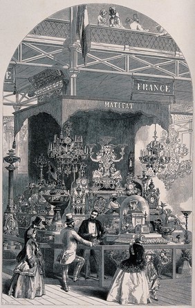 Great Exhibition, London, 1851: the exhibition stand of Matifat showing gilt bronze lamps, vases, clocks and other ornaments. Wood engraving after H. Anelay, 1851.