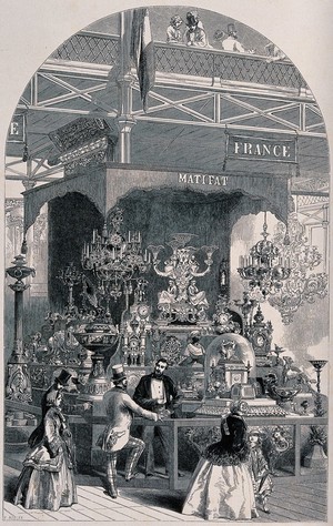 view Great Exhibition, London, 1851: the exhibition stand of Matifat showing gilt bronze lamps, vases, clocks and other ornaments. Wood engraving after H. Anelay, 1851.