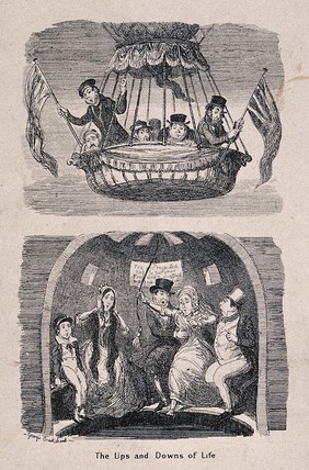 Ascending and descending: (above) people in a balloon; (below) people seated in a rotunda around a pool and in danger of falling into the water. Etching by George Cruikshank, 1842.