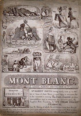 Puns, puppets of Shakespearian characters, fashions in bonnets, the Egyptian Hall in Piccadilly, etc., representing Albert Smith's performance 'Ascent of Mont Blanc'. Lithograph after J.O. Parry, 185-.