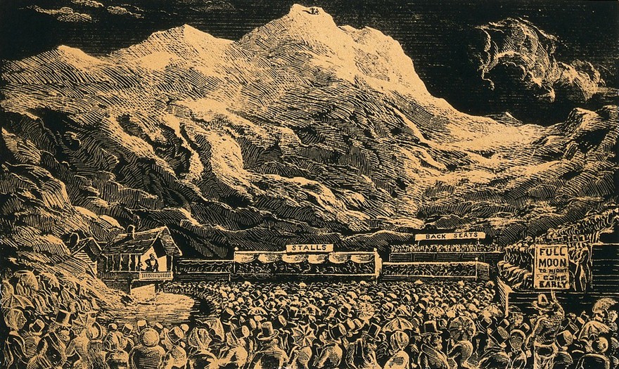Albert Smith standing on the balcony of a chalet in front of the painted backdrop of Mont Blanc at midday by William Beverley, addressing a large audience. Lithograph after J.O. Parry, 185-.