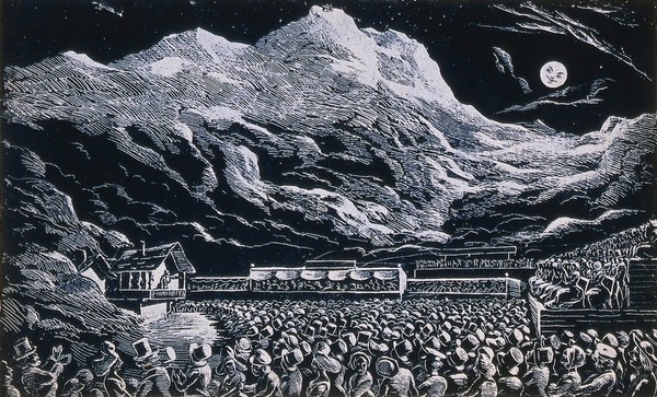 Albert Smith standing on the balcony of a chalet in front of the painted backdrop of Mont Blanc at midnight by William Beverley, addressing a large audience. Lithograph after J.O. Parry, 185-.