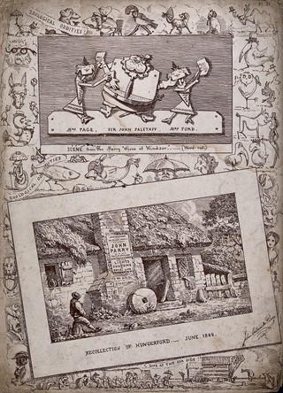 Above, puppets representing Falstaff with Mrs Page and Mrs Ford in 'The merry wives of Windsor'; below, a derelict rural thatched cottage in Hungerford. Lithograph after John Orlando Parry.