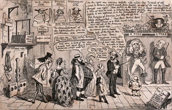 The British Museum: working-class people attending a guided tour and looking at exhibits of English history in glass cases and on the walls. Etching by G. Cruikshank, 1843.