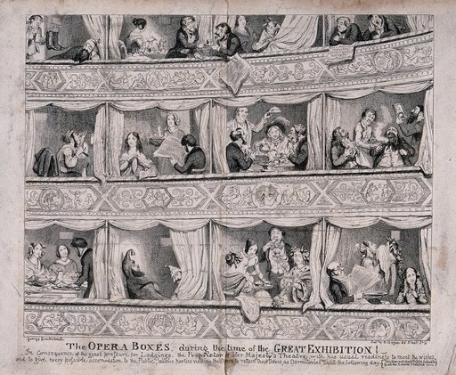 People are sitting in opera boxes using them for many activities. Etching by George Cruikshank.