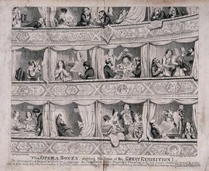 view People living in opera boxes and using them as hotels during the Great Exhibition in London. Etching by George Cruikshank, 1851.