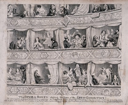 People living in opera boxes and using them as hotels during the Great Exhibition in London. Etching by George Cruikshank, 1851.