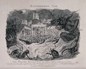 view Bartholomew fair in London represented as a place where crowds of people watch entertainments inspired by the devil, and indulge in drunkenness and fighting; demons incite them to crime. Etching by George Cruikshank, 1832.