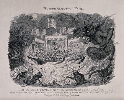 Bartholomew fair in London represented as a place where crowds of people watch entertainments inspired by the devil, and indulge in drunkenness and fighting; demons incite them to crime. Etching by George Cruikshank, 1832.