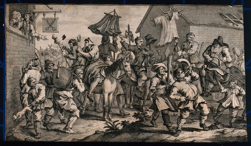 A skimmington or charivari: people make noise and are violent in the street as a form of rough justice exercised by women against men; on the right Hudibras enters on horseback, and is hit in the eye by a thrown egg. Etching by W. Hogarth, 1726.