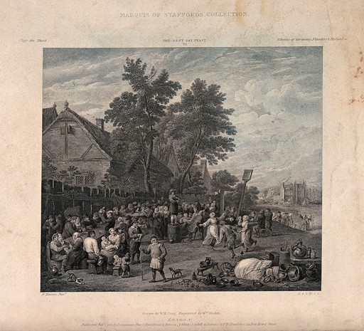 A crowd are gathered on a village green, some are dancing to the tune of the fiddler standing on a barrel, and some are eating and drinking at the tables. Engraving by William Finden after W.M. Craig after David Teniers the younger.