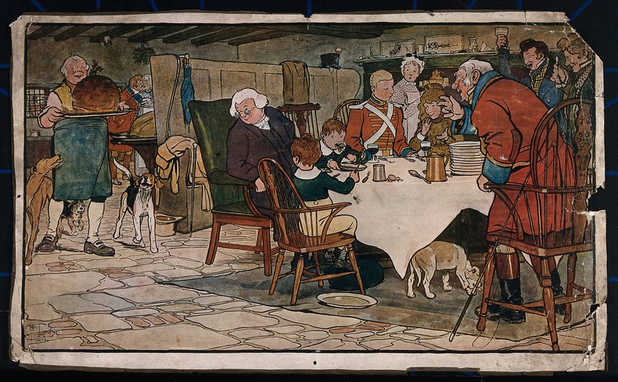 A family sit around a table eating their Christmas meal and greet the arrival of the plum pudding which is being carried in on a large tray. Colour process print after Cecil Aldin.