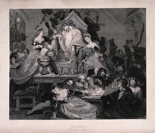 Christmas celebrated by people playing instruments, eating and drinking: a man with white hair and a long white beard sitting watching a small man stirring punch in a bowl. Engraving by T. Hollis, 1851, after R.W. Buss.