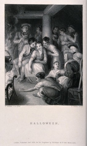 An old woman is sitting on a chair with young people around in groups and a large cauldron on an open fire. Engraving by S. Smith after T. Stothard.