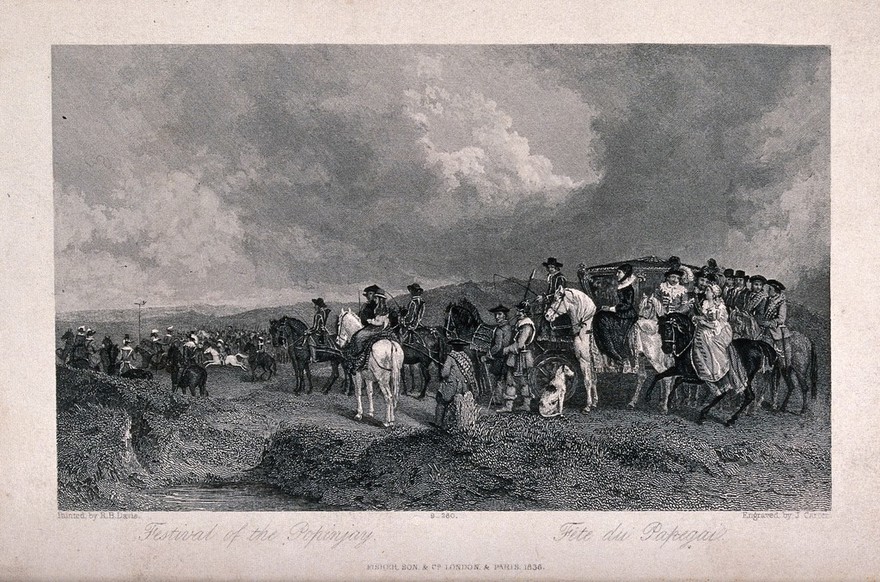 Troops attending a muster in Scotland play the game of popinjay, watched by crowds of local people. Engraving by J. Carter, 1836, after R.B. Davis.
