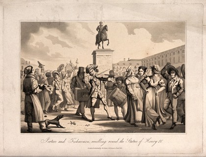 A man is playing a fiddle as a group of men and women dance around the equestrian statue of Henri IV on the Pont Neuf in Paris. Aquatint with etching, 1822.