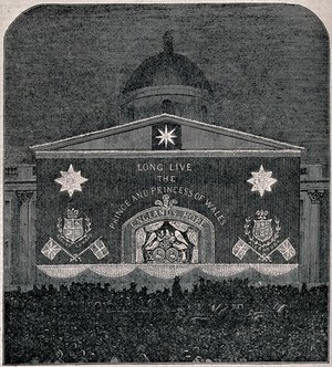 view A large crowd in Trafalgar Square celebrating the marriage of Edward Prince of Wales and Princess Alexandra, 1863. Wood engraving.