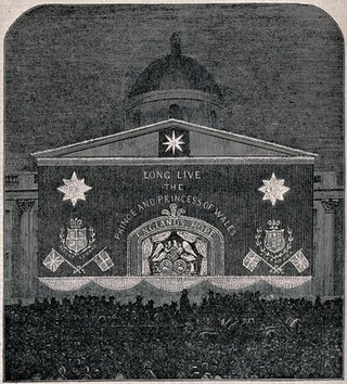 A large crowd in Trafalgar Square celebrating the marriage of Edward Prince of Wales and Princess Alexandra, 1863. Wood engraving.