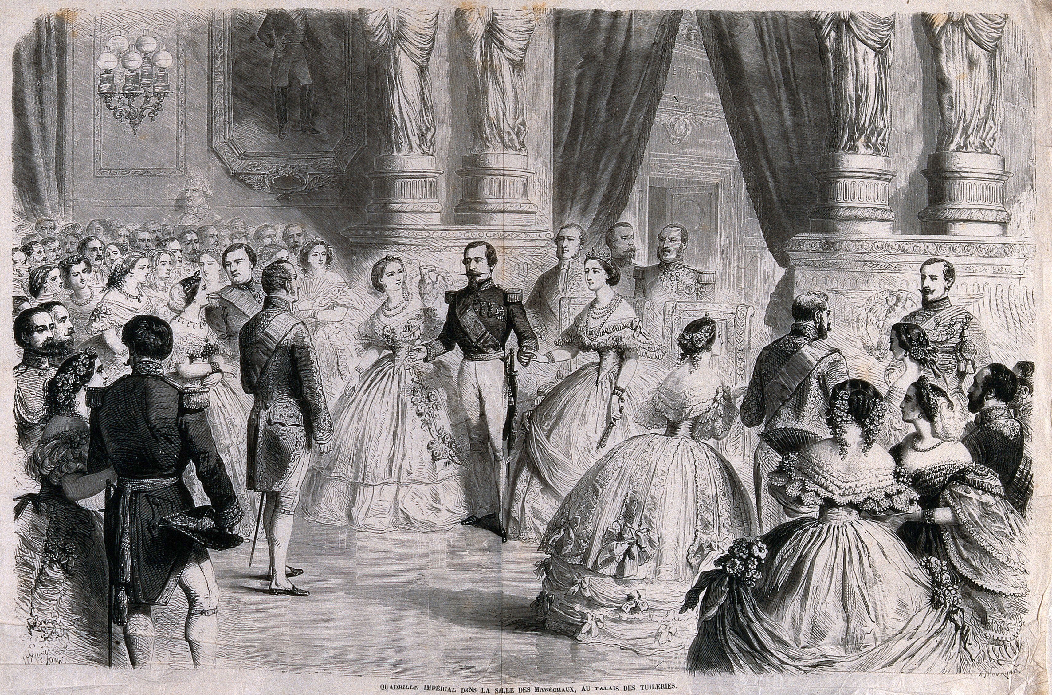 A ball in the Palais des Tuileries: the Emperor Napoleon III and the Empress  Eugénie (?) take part in a quadrille. Wood engraving by Charles Maurand  after Gustave Janet.