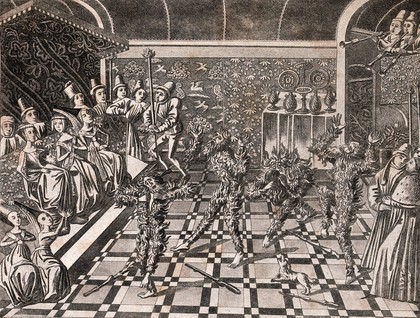 A masquerade in which King Charles VI of France and some others, dressed as wildmen in shaggy costumes, are nearly burned to death by accident. Aquatint by J. Harris after J. Froissart.
