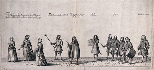 A procession of people wearing cloaks and one carrying a mace, with a piper and drums bringing up the rear. Engraving by I. Collins.