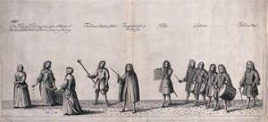 view Part of the coronation procession of King James II, 23 April 1685, with a piper and drums bringing up the rear. Engraving by J. Collins, 1685.