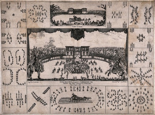 A crowd of people gather in a square to celebrate a festival. Engraving by Felice Gambrai after Agno Ricci after himself.