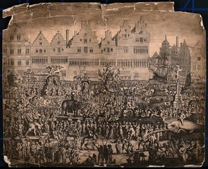 view The yearly Ommegang pageant in Antwerp, 1685. Engraving by G. Bouttats.