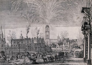 view A firework display at the entry of Ferdinand Infante of Spain into Ghent, 1636. Etching.