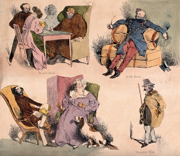 Pastimes: playing cards, resting in an armchair, conversation, a man with a flute. Coloured lithograph after H. Monnnier, 1839.