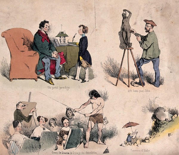 Pastimes: listening to a precocious chiild, creating a sculpture, a life class for women, and an artist's reminiscences of plein-air painting in Italy. Coloured lithograph after H. Monnnier, 1839.