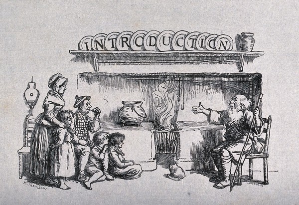 An old man sits by a fire in a crofter's cottage, about to tell his story to the family that lives there. Engraving by J. Hooper after H. Thomson.