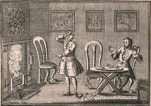 view John Bancks, expecting a visit by a lady, has tea prepared for her, but she does not turn up, the servant accidentally breaks a bowl, and the kettle placed in front of the fire melts. Etching by I. Basire, 1738.