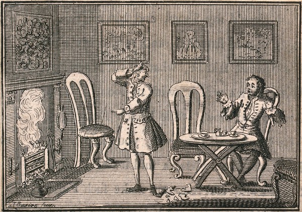 John Bancks, expecting a visit by a lady, has tea prepared for her, but she does not turn up, the servant accidentally breaks a bowl, and the kettle placed in front of the fire melts. Etching by I. Basire, 1738.